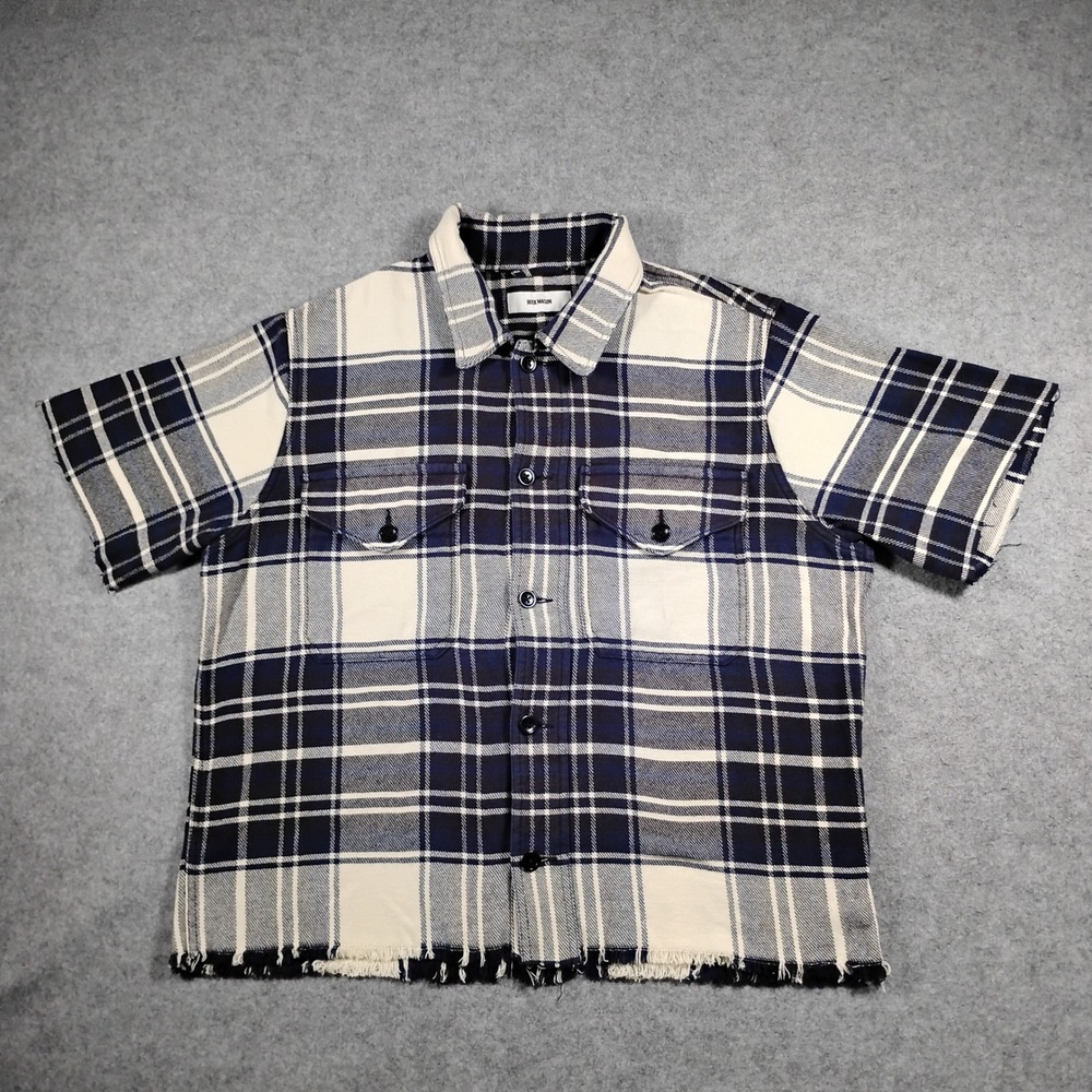 Buck Mason Plaid Shirt Mens Large Blue White Raw Hem Fringe Short Sleeve Flannel